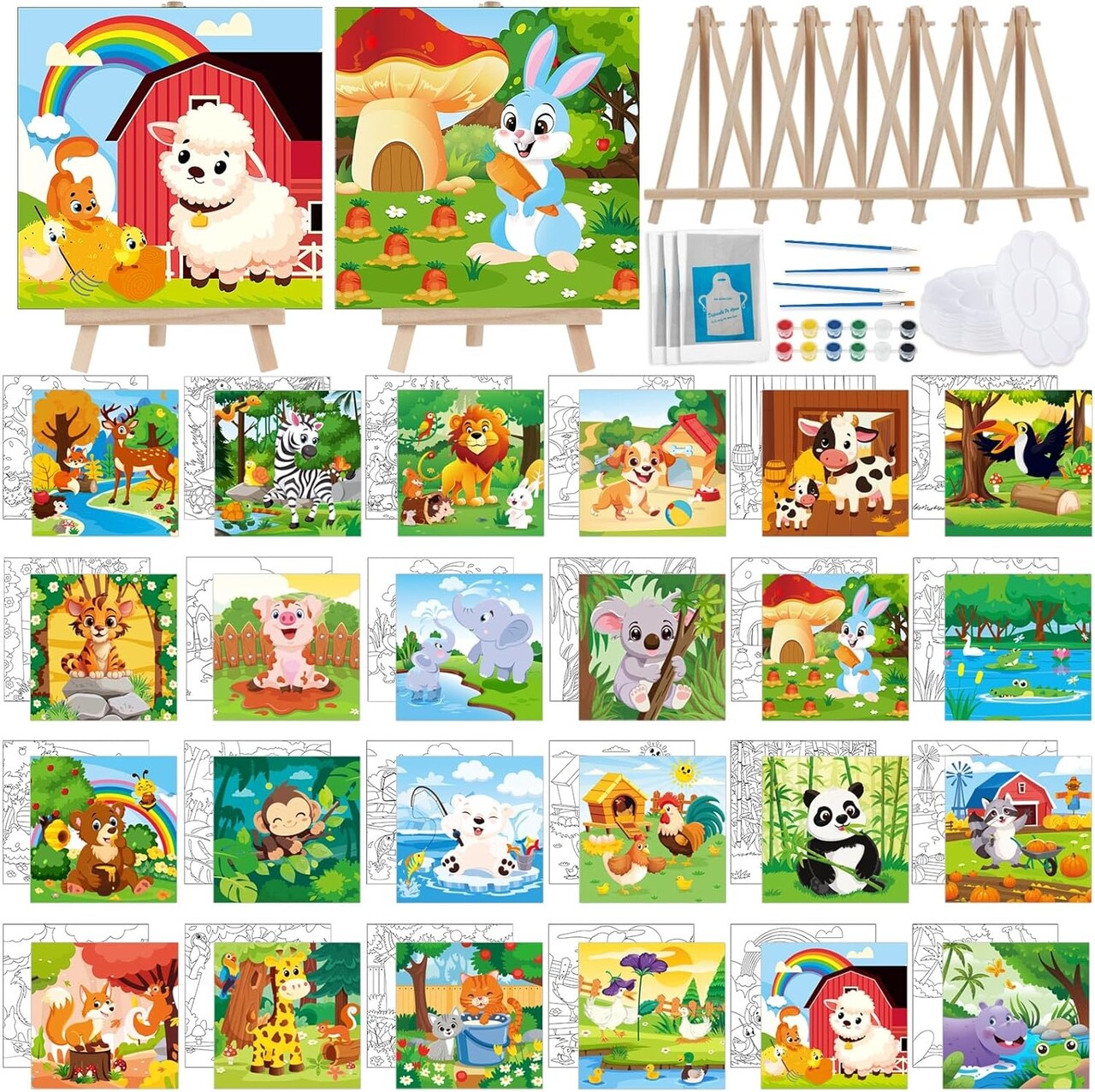 24 Pack 216 Piece Pre Drawn Canvas to Paint for Kid Adult 6 x 6 Inch Stretched Coloring Painting Canvas Panels with Design Easel and Brushes for Party Supplies Beginner Favor(Animals)